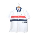 トミーヒルフィガー 襟デニム 半袖シャツ 太ボーダー TOMMY HILFIGER メンズM 古着 @CB1133