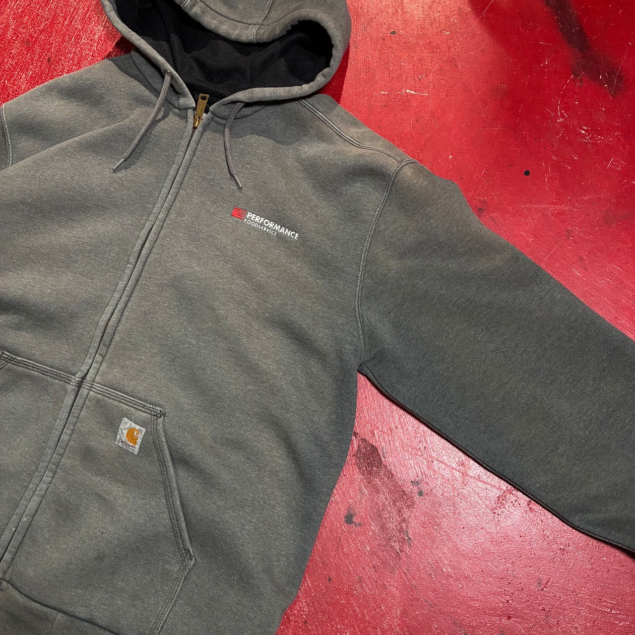 Carhartt ジップパーカー フェードグレー 裏地メッシュサーマル 企業ロゴ