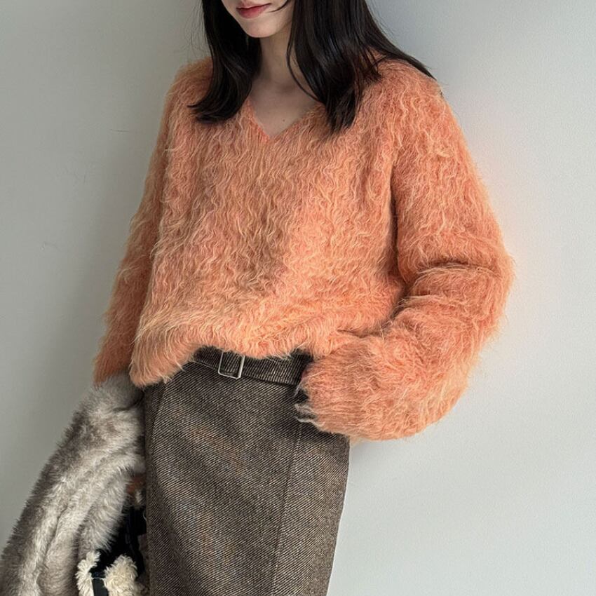 shaggy v-neck knit　J00397