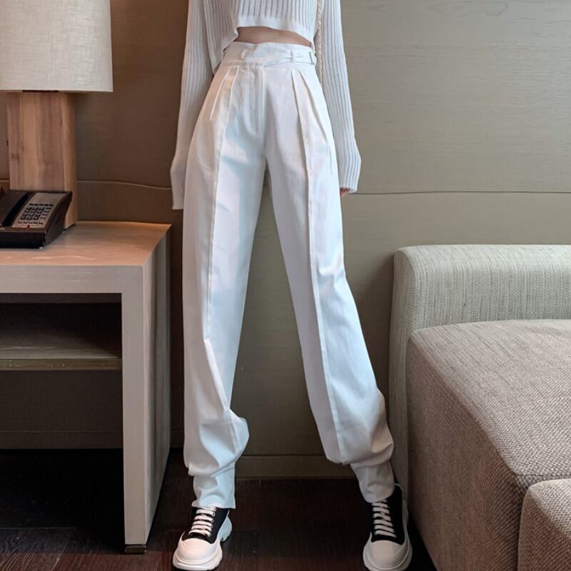ホワイトカジュアルパンツ スプリングハイウェストウェスト薄手ワイドレッグ 春物 ワイドパンツ ドラファッションホール2245980293
