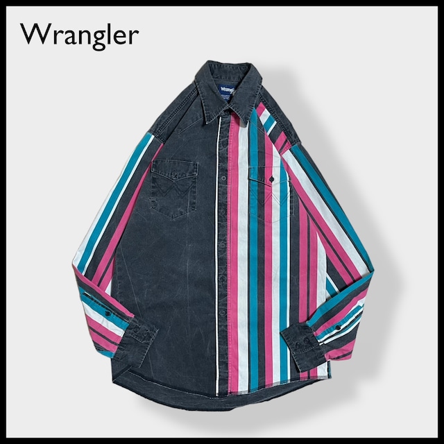 【Wrangler】ストライプシャツ クレイジーパターン ウエスタンシャツ デニムシャツ コットンシャツ 長袖 切替 カジュアルシャツ フラップポケット マルチカラー X-LARGE ラングラー US古着