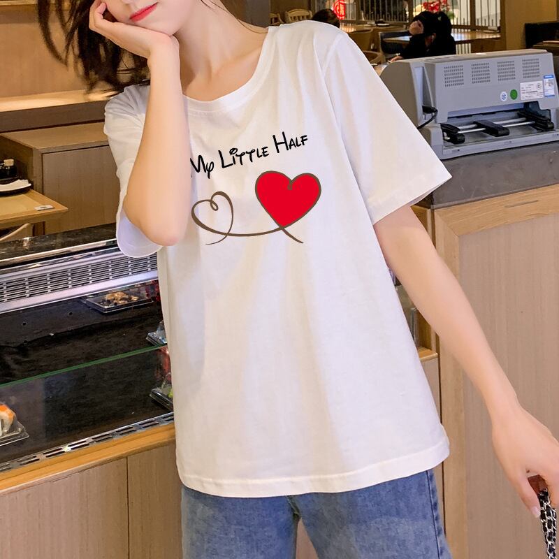 【新作】【送料無料】 ピュアコットン 2022 新しいスタイルの愛の漫画のレタープリント夏多用途半袖 Tシャツ女性のためのルーズ 0391608487983