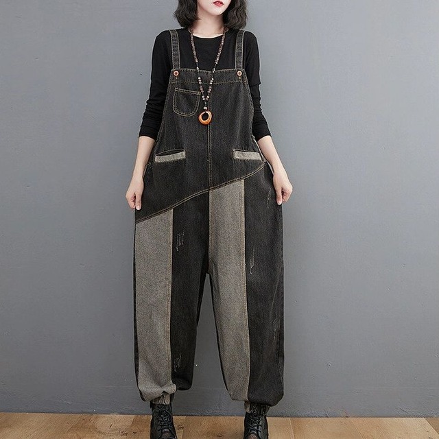 CONTRAST STITCH BLACK DENIM OVERALL 1color M-14493