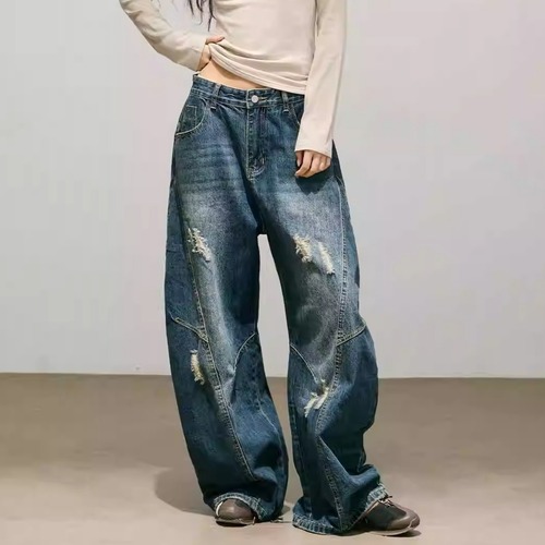 パネルデザインダメージカーブデニムパンツ 2col   R01870