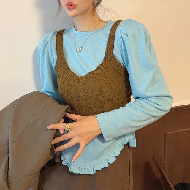 Puff sleeve knit bustier set　M4712