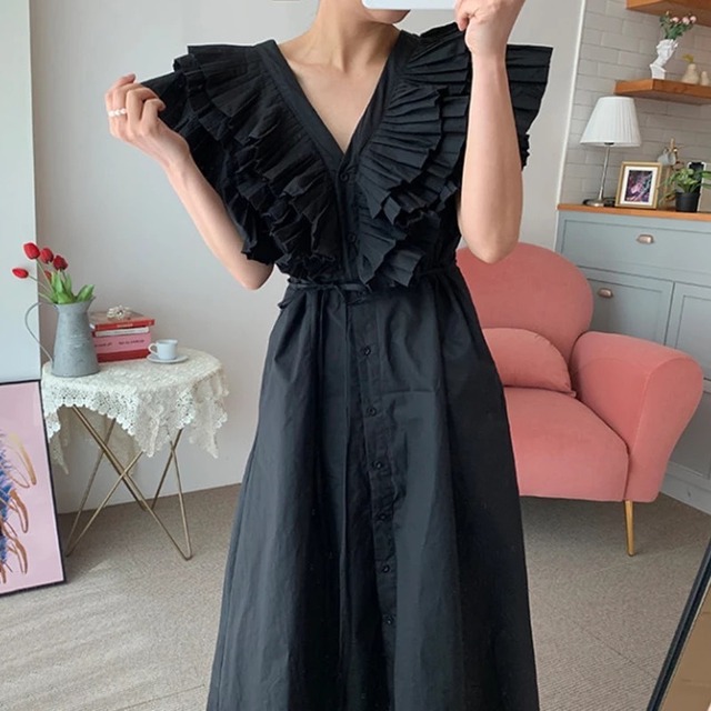 415 Vネックフリルコットンワンピース Petitmignon Store