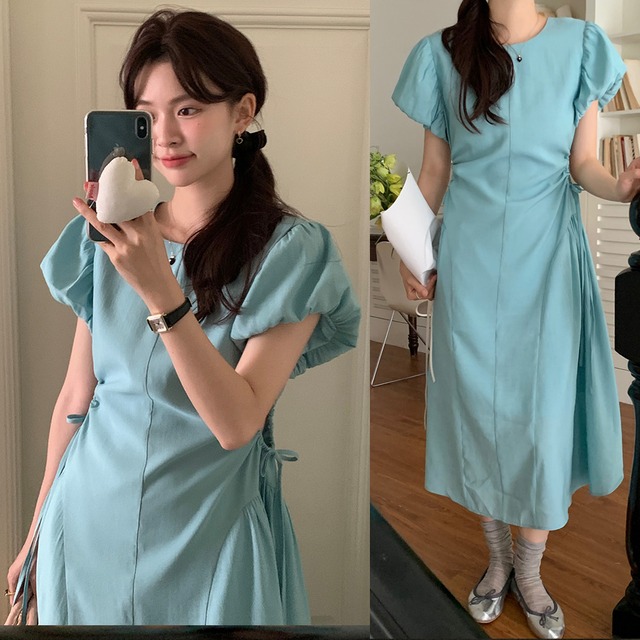 気質 韓国系 パフスリーブ 優しい ロングスカート ロングワンピース 全3色