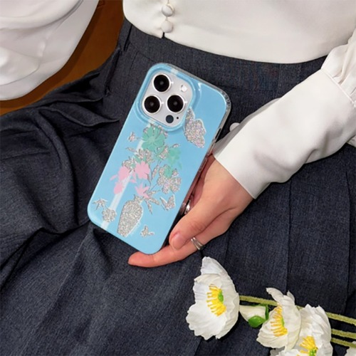 huahua夏花ブルーの花瓶きらきらiPhoneケース