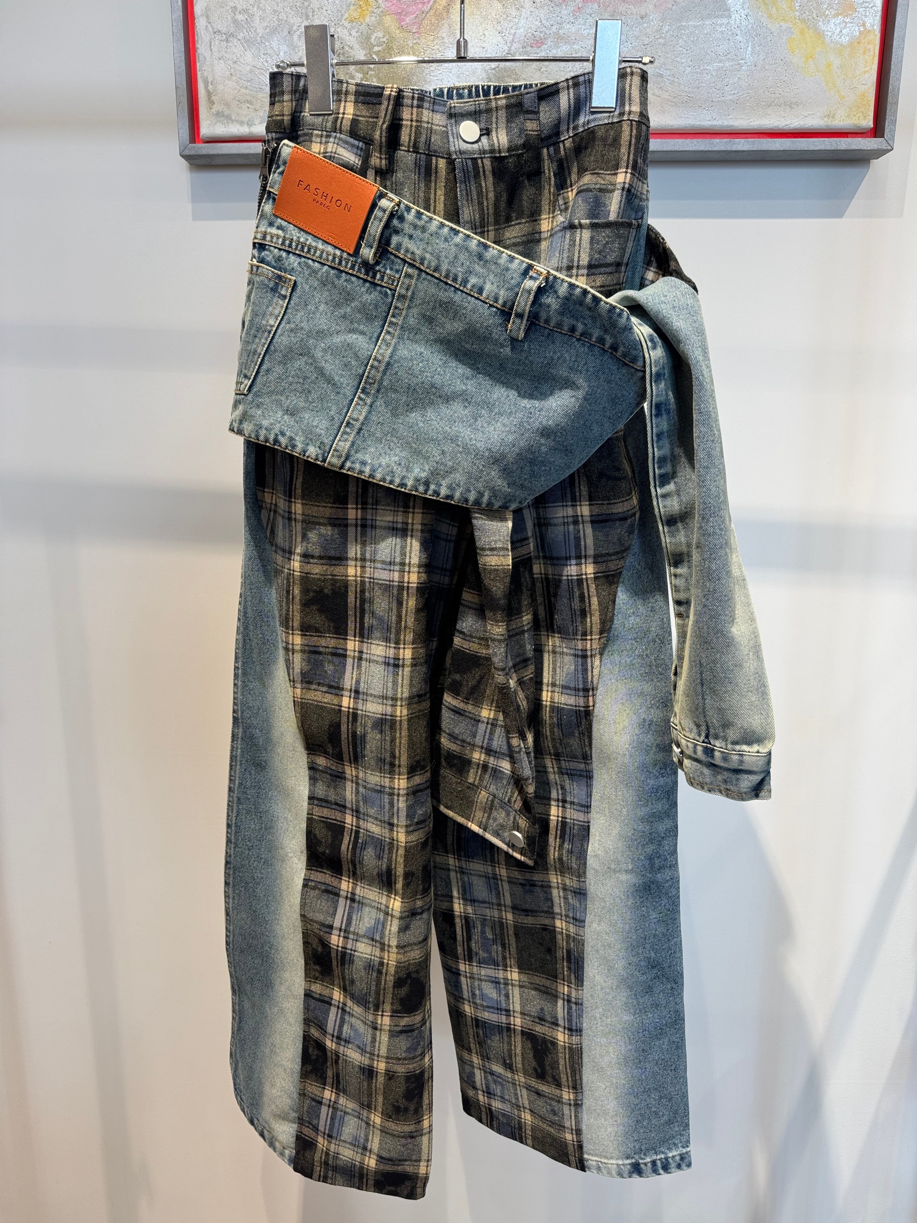 2way flannel shirt docking design denim