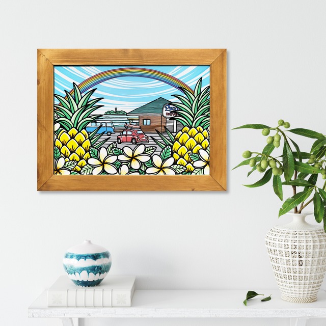 【原画】Wood Panel A3 Size（江ノ島と犬と猫）with Frame