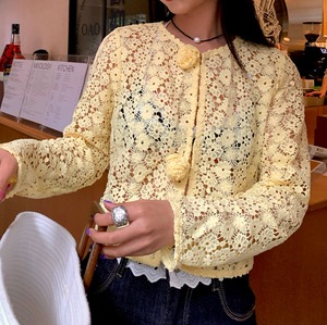 yellow openwork knit cardigan＜t3047＞