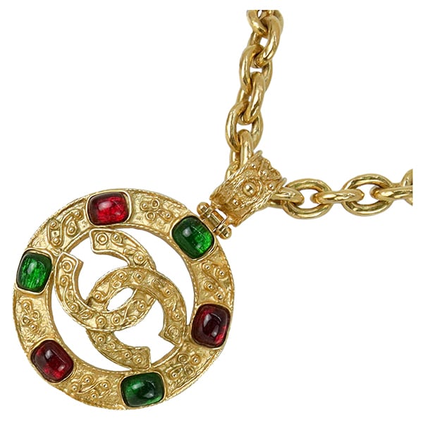 Vintage CHANEL シャネル ペンダント サークル ココマーク ネックレス メタル GP グリポア ゴールド レッド グリーン アクセサリー 小物 中古良品
