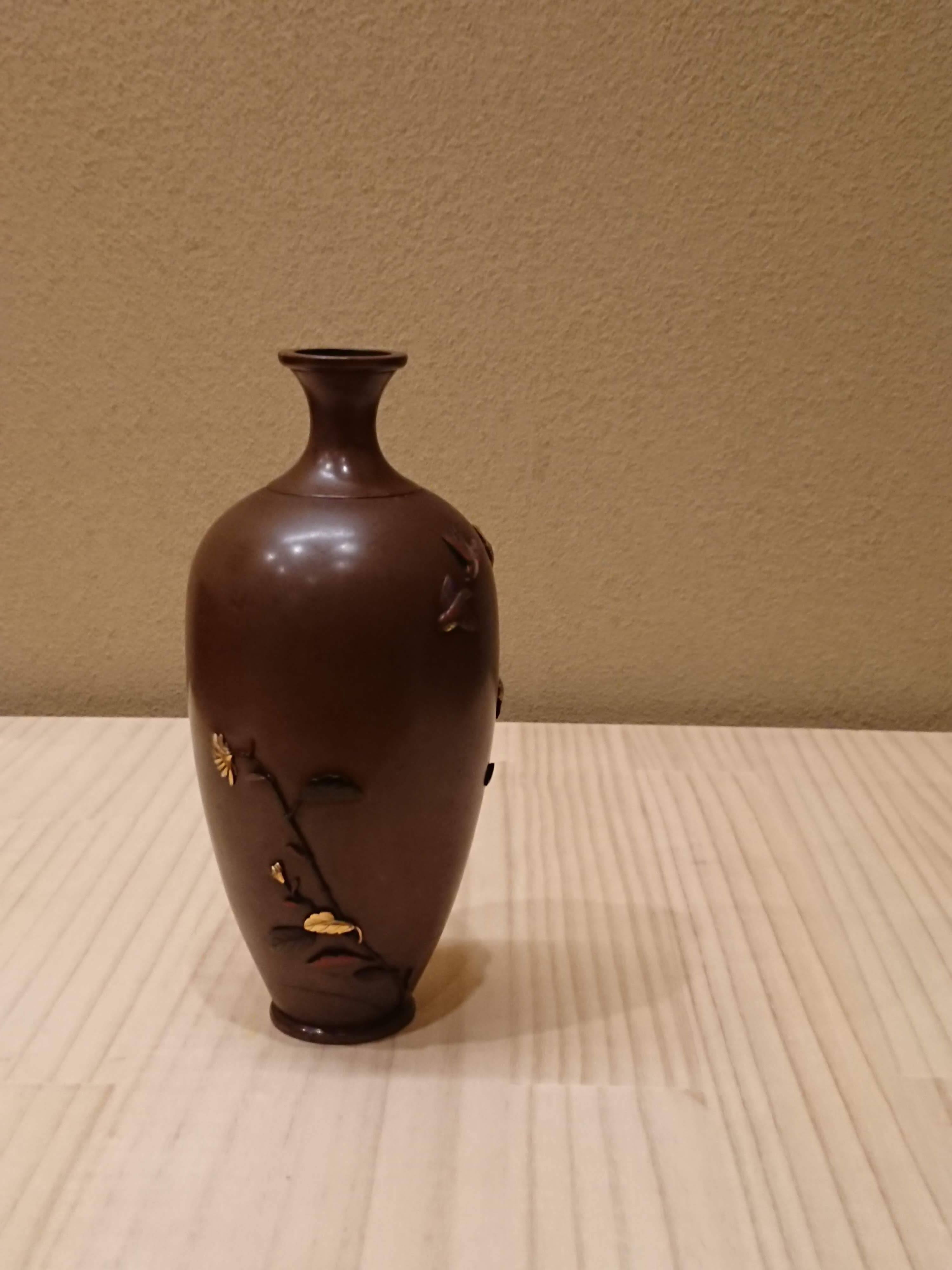 銅製 花鳥 象嵌 花器 大日本京都住 一光堂 宮部篤良 在銘 明治工芸 