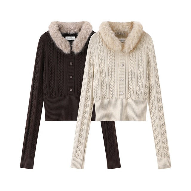 全3色/Fur collar cable short knit　B3939