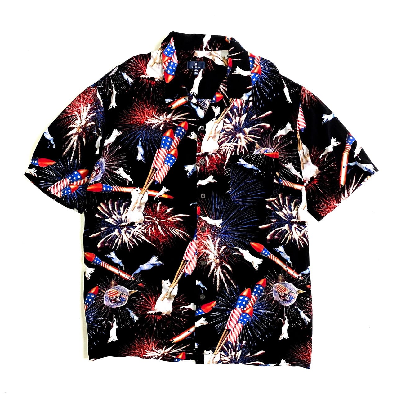 GEORGE 開襟 オープンカラー 半袖 総柄 猫 アニマル 花火 アメリカ