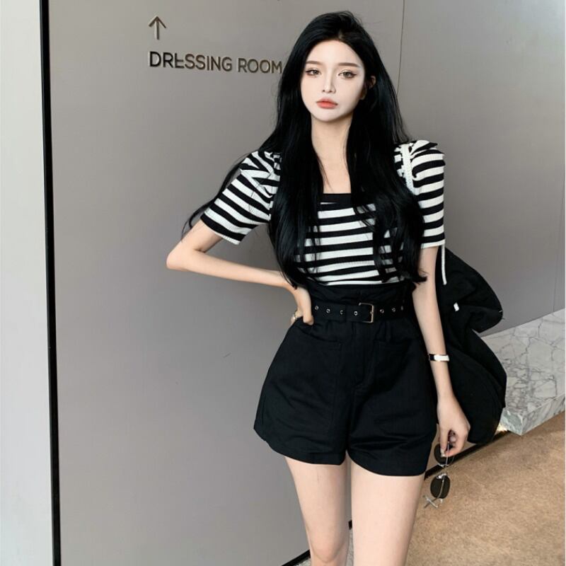 Flowerデザイン パンツ 薄手ハイウェストショーツ サマーブラックAライン 夏物 ブルマー フラワーデザイン ブラックストロベリース22357993400