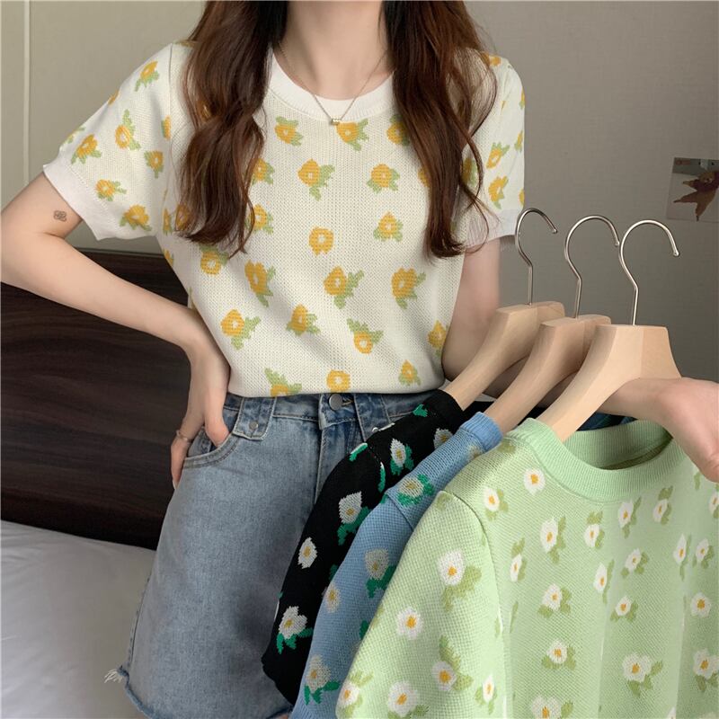 Tシャツ ショートサマープリント柄ニットラウンドネックトップス 夏物 Oネック YY-ファッション62538065792