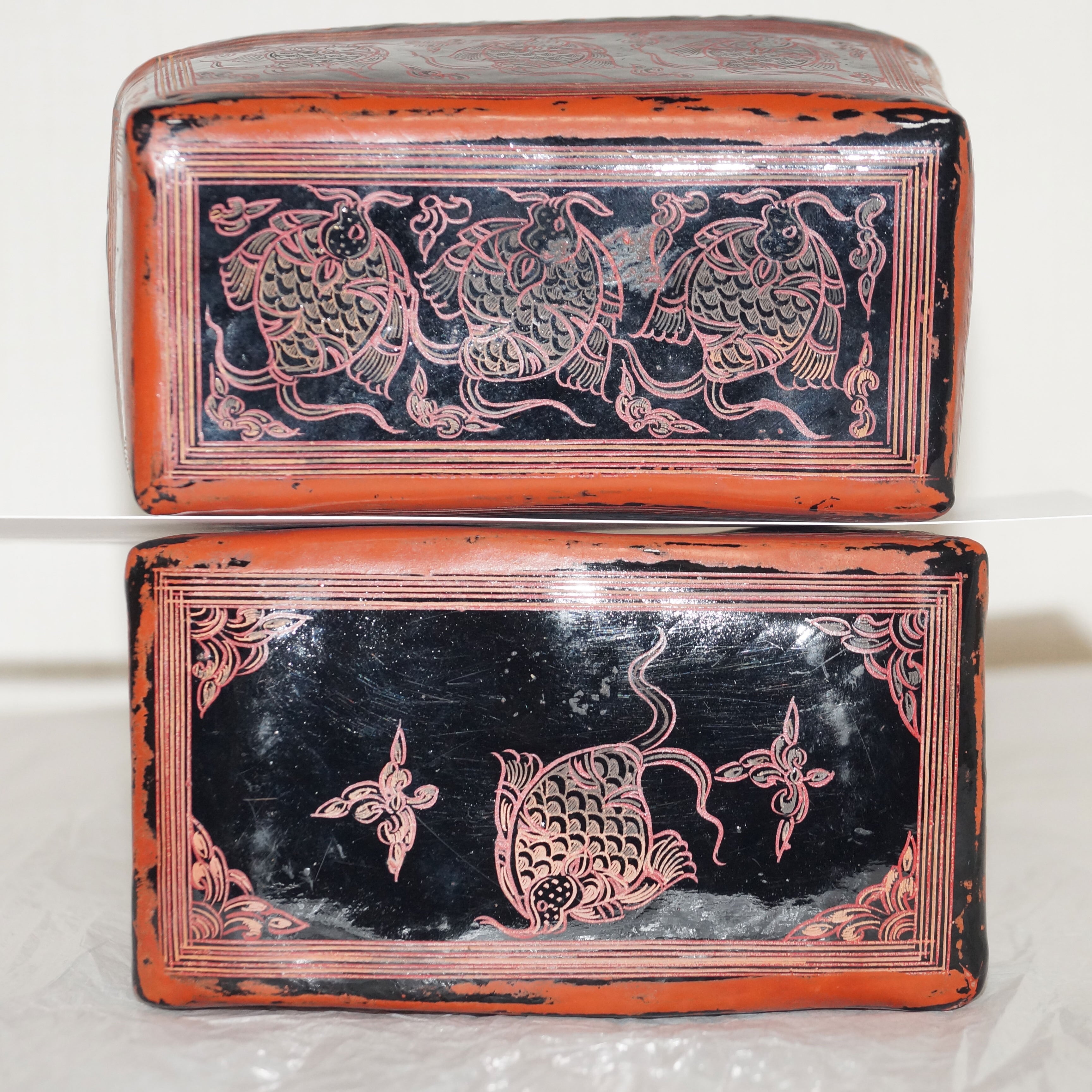 ミャンマー アンティーク 漆器 蒟醤 キンマ 細密画 入れ子 収納箱※31※ ミャンマー アンティーク 漆器 蒟醤 キンマ 細密画 入れ子 収納箱※31