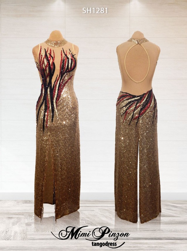 VESTIDO DE MIMI PINZON　ステージ用　ゴールド×赤×黒スパンコールドレス