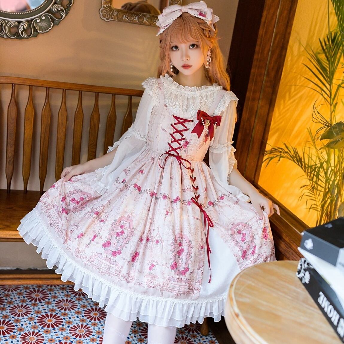 JSK ジャンパースカート ジャンパースカート 花柄 レースアップ リボン