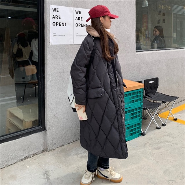 中綿ダウンコート ロング丈 ファー襟 中綿入り ロングコート ダイヤ柄  