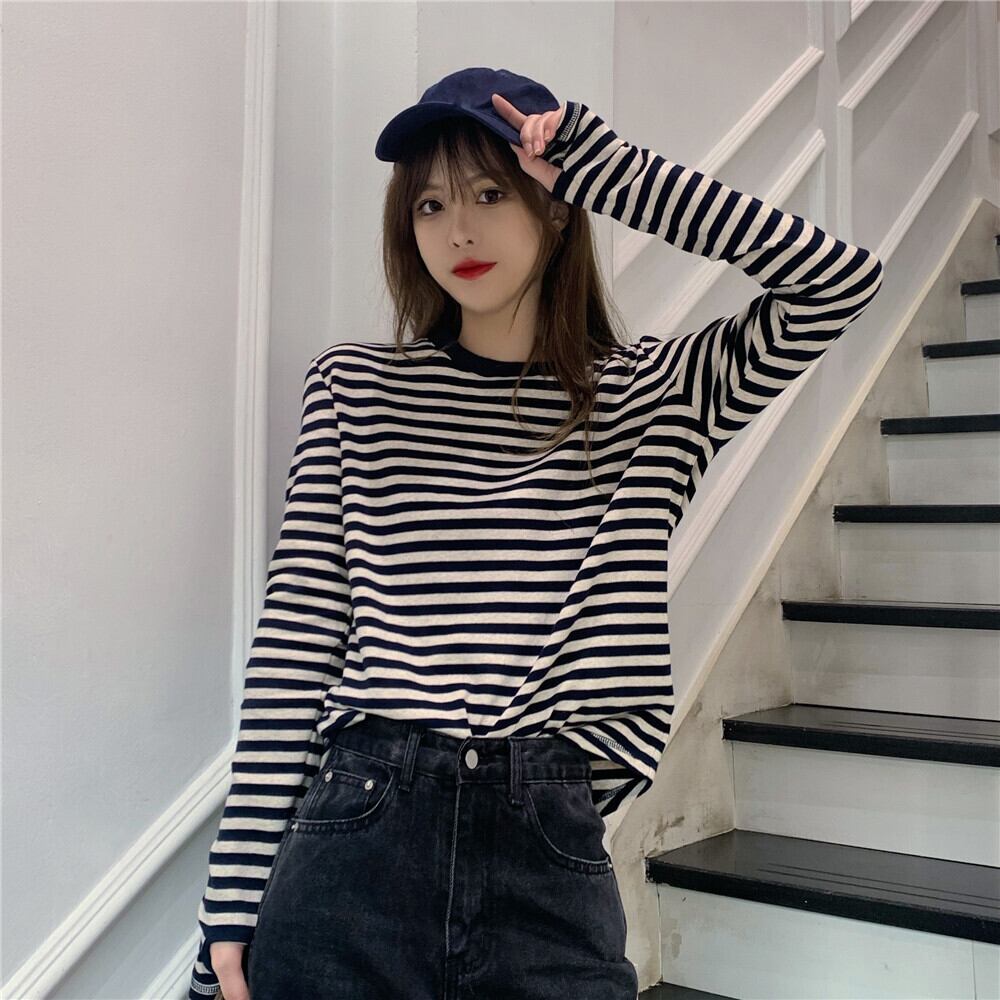 秋 冬 春 コーデ シャツ 多色 ボーダー 不規則 長袖 人気 おしゃれ