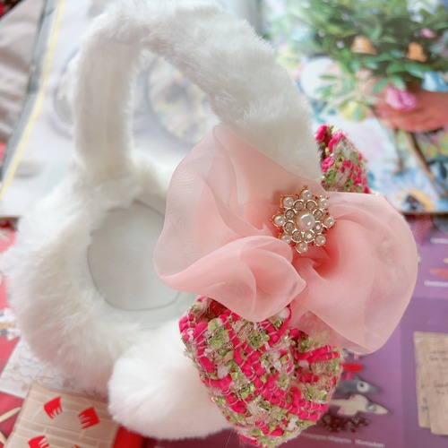 ツイードリボンイヤーマフ～PinGre～