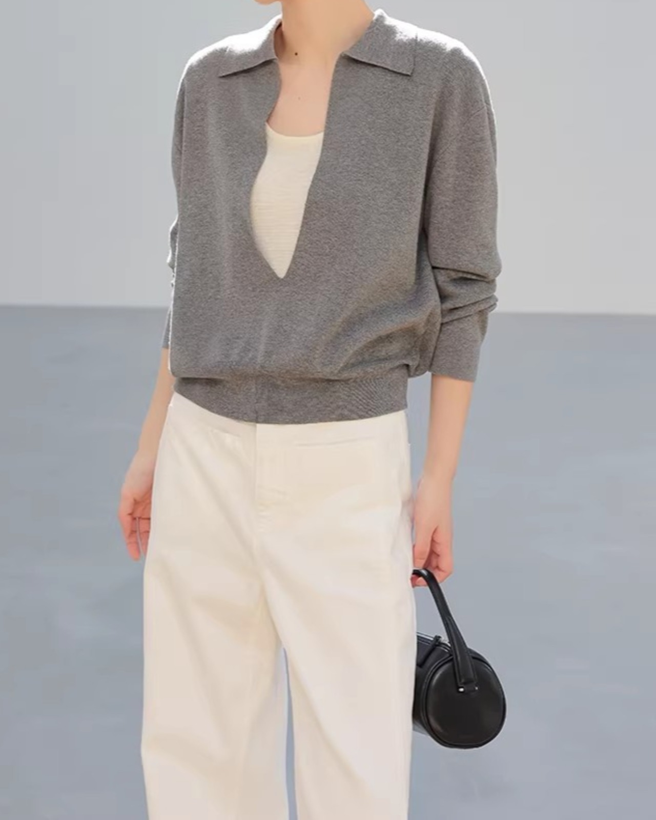 Open Collar Long Sleeve Knit Polo Shirt    L0041