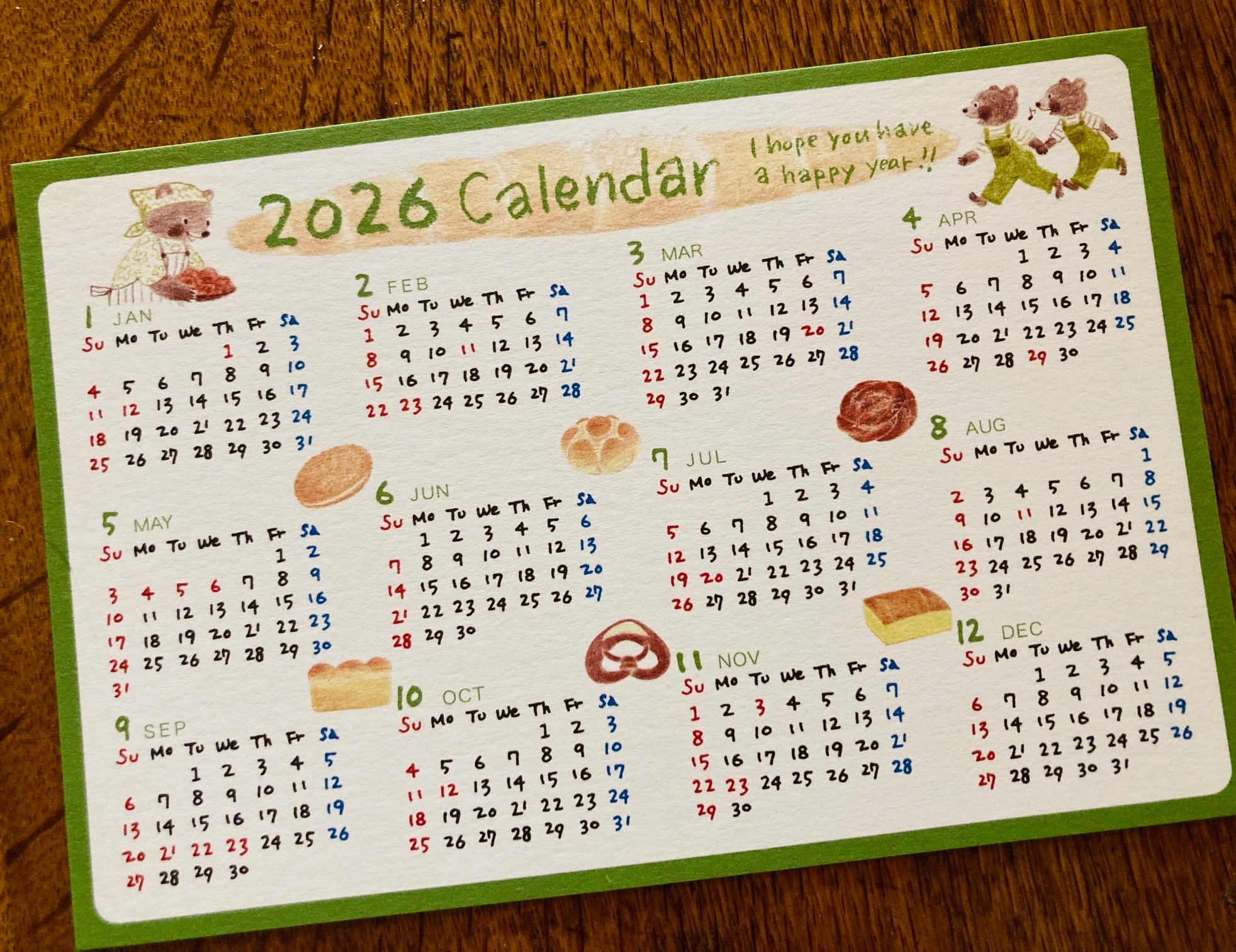 2026年パンとくまさんのカレンダー