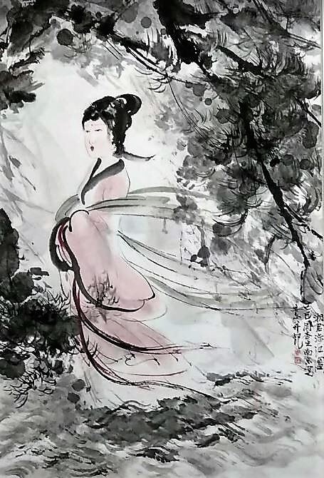 周杏生「湘君子女図」水墨画 額縁外寸69.0x91.5x3.0㎝ 内寸サイズ61.0