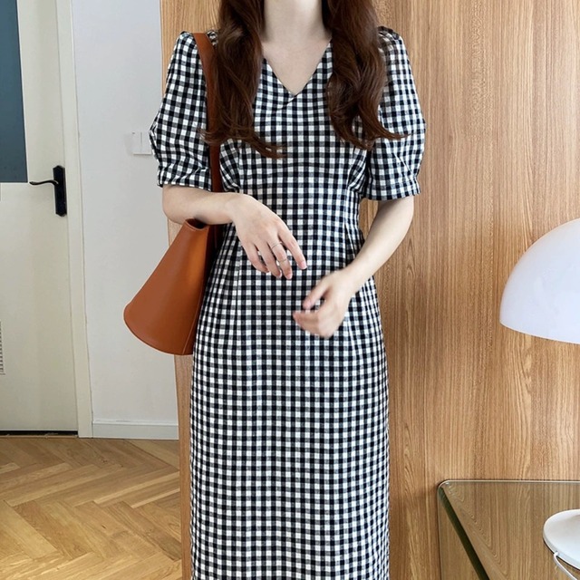 ギンガムチェックスリムワンピース　21345