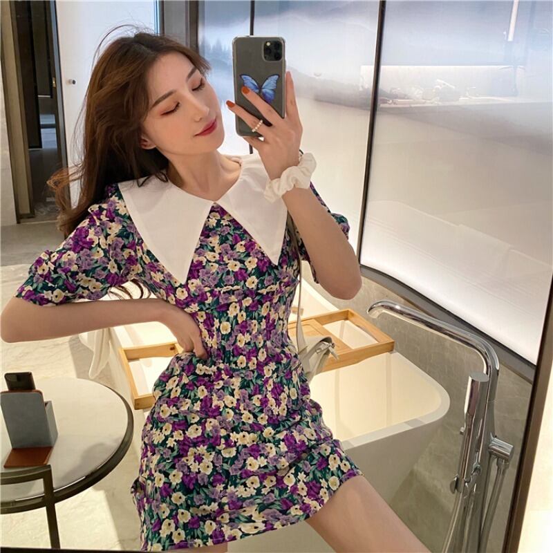 気質ドレス女神ファン2020新夏ウエストスリミングAラインスカートやさしい風半袖フローラルスカート 1号婦人18053364665