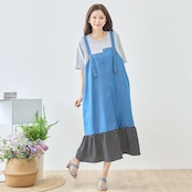 TRUBE デニム×ドット裾異素材切替サロペット風ドッキングワンピース【M~L】グレー