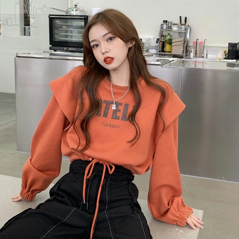 オレンジラウンドネックセーター スプリングオータム薄手ショート 春物 秋物 Oネック 試着室38278909557