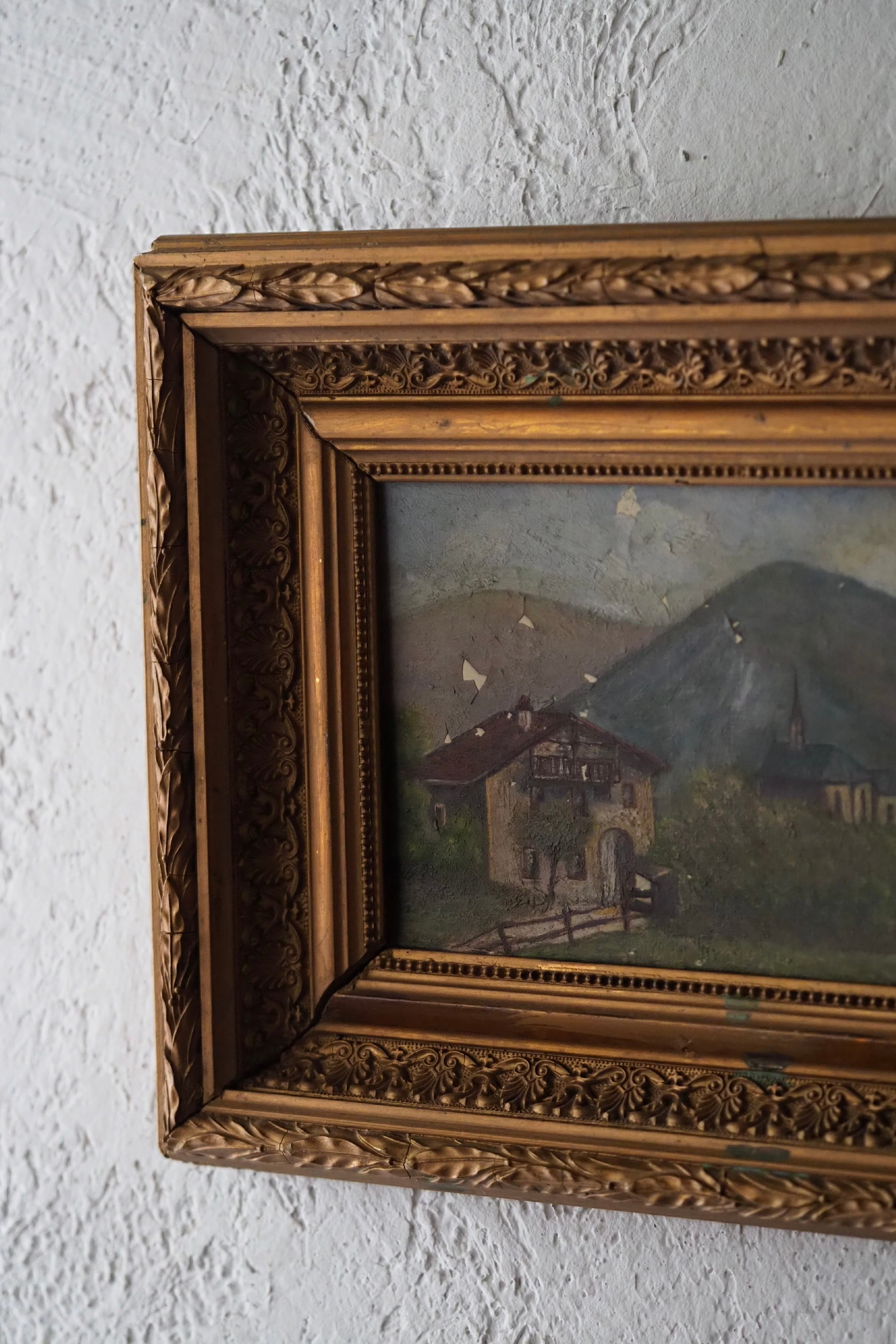 家と教会、山々を背景に 油絵-antique oil painting | アンティーク
