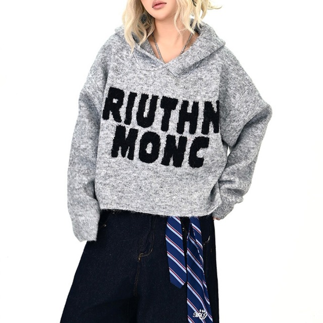 logo cropped knit hoodie　ロゴクロップドニットフーディー　J1365