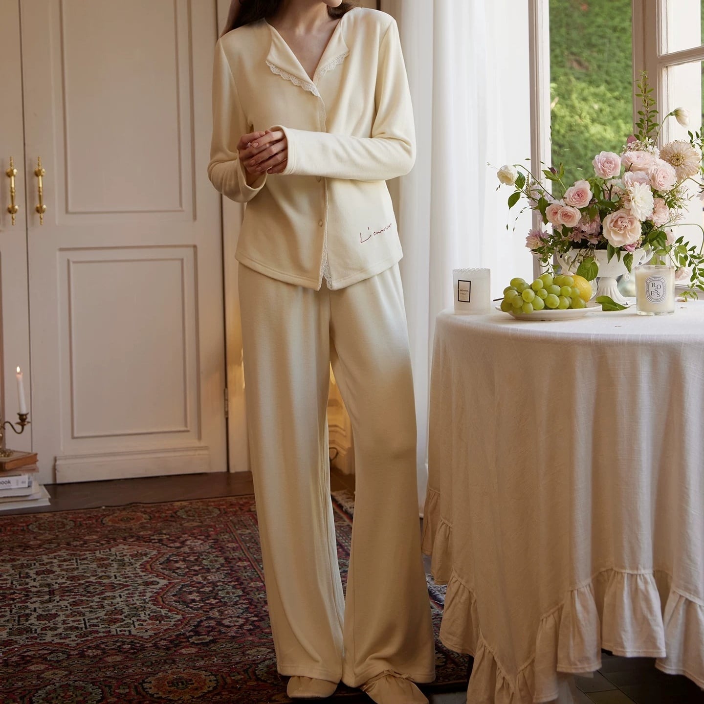 【XS-XL】simple design lace cardigan style pajamas p1747