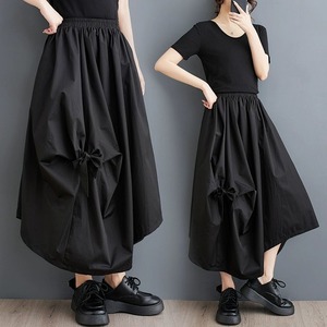 BLACK PINCHED BOW TRIMMED A-LINE MIDI SKIRT 1color M-8956