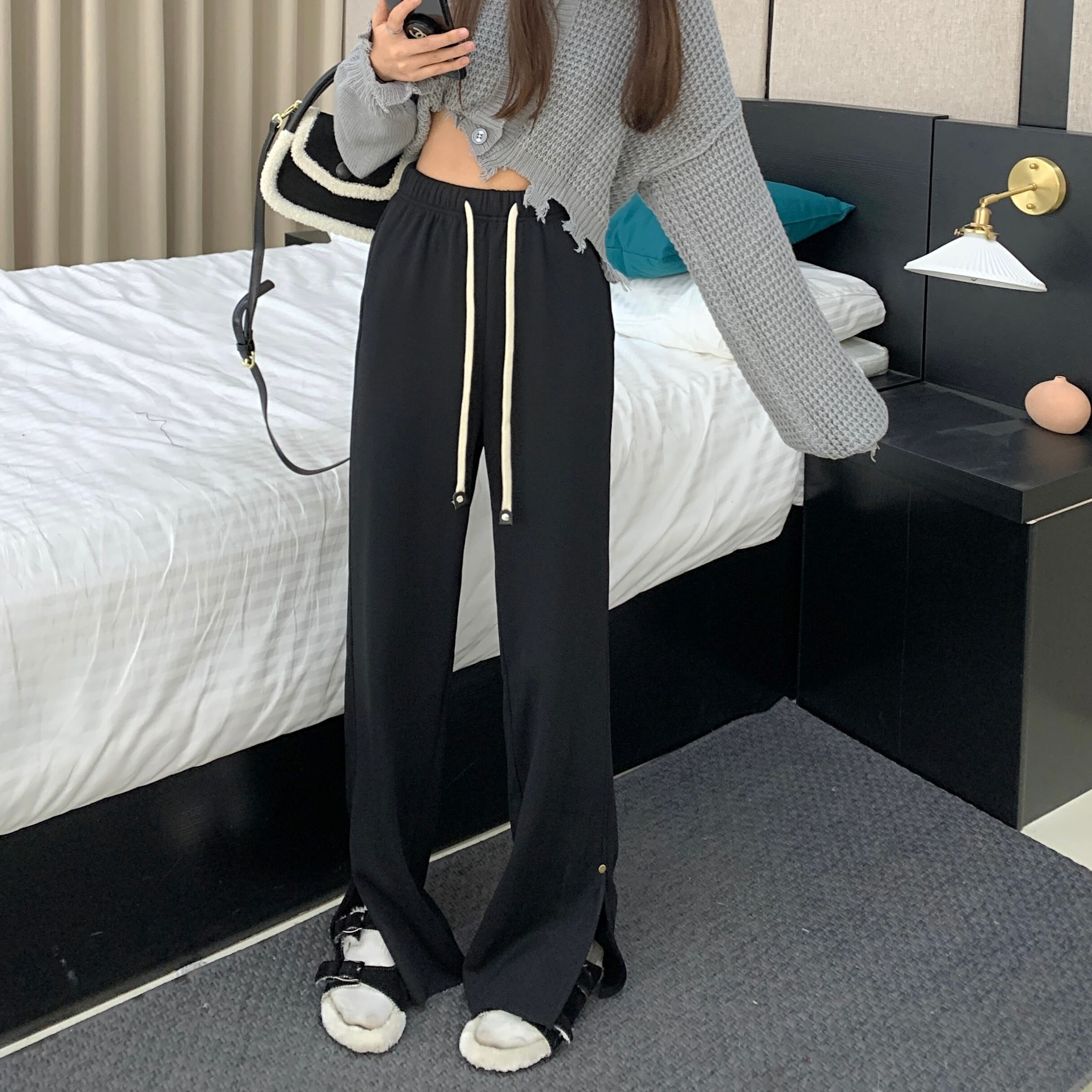 パンツ オータムウィンタースタイルベルベットスリットハイウェストウェストルーズワイドレッグ 秋物 冬物 ワイドパンツ 1号婦人30498845379