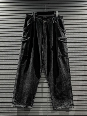 【X VINTAGE】Faded Black Color Vintage Loose Denim Cargo Pants