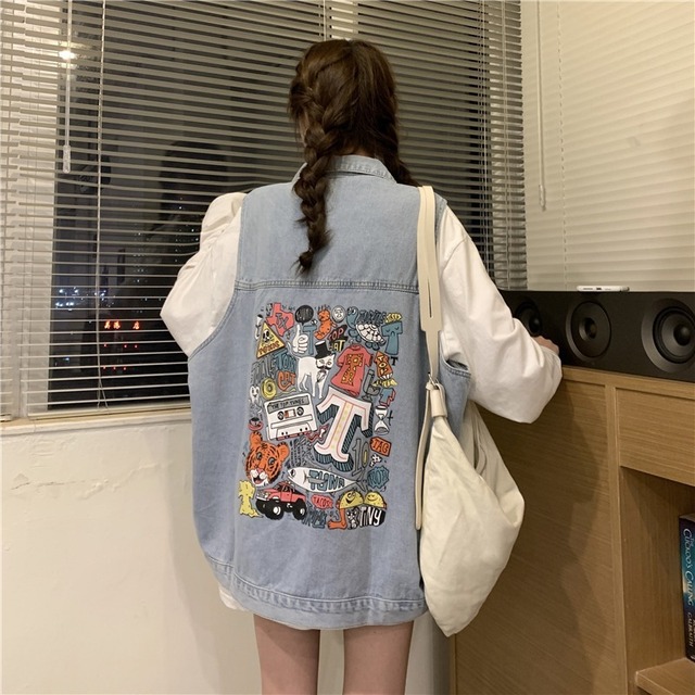 スプリングサマースタンダードバックプリント柄ルーズノースリーブジャケット トップス レトロ 春物 夏物 YY-ファッション6799707182