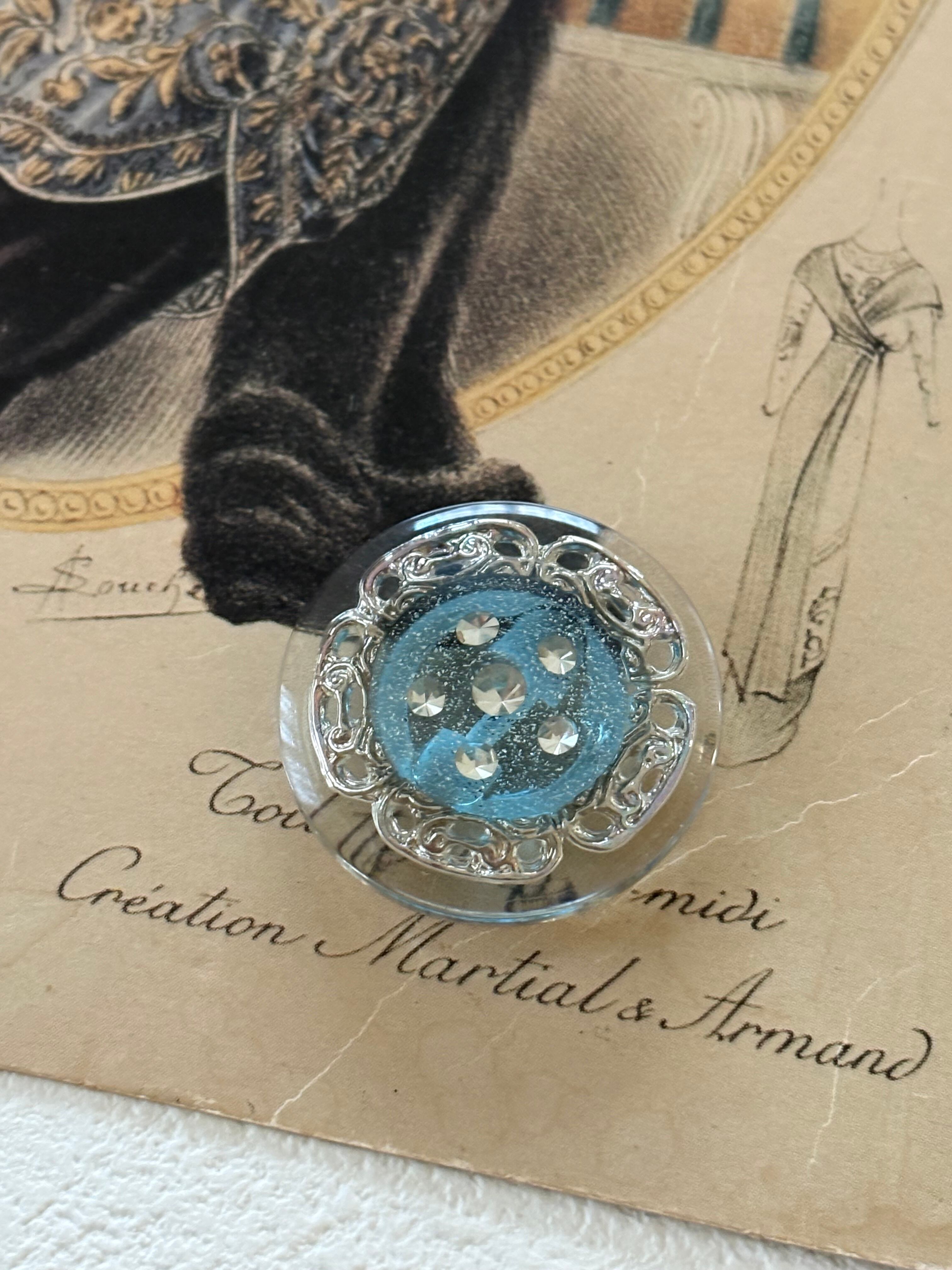 27mm Japaneseヴィンテージボタン 樹脂ボタン ストーン クリア ライトブルー シルバー アクセサリーパーツ デコレーション材