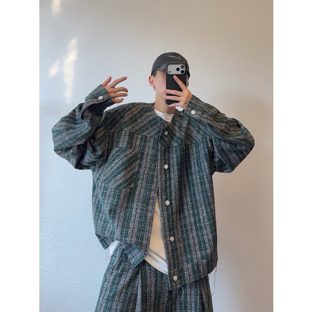 dannyandzeeチェックパール調ボタンフリンジツイードジャケット