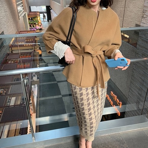 ウールコート　ミディアム丈　ノーカラー　長袖　ベルト付き　ポケット　キャメル　ピンク　ブラック　ベージュ　秋冬　レディース　