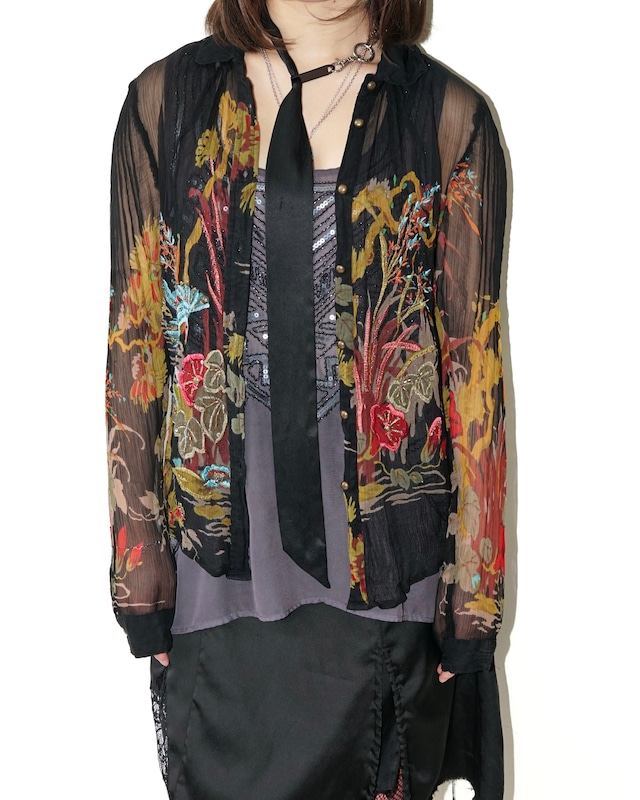 Vintage flower embroidery see-through shirt