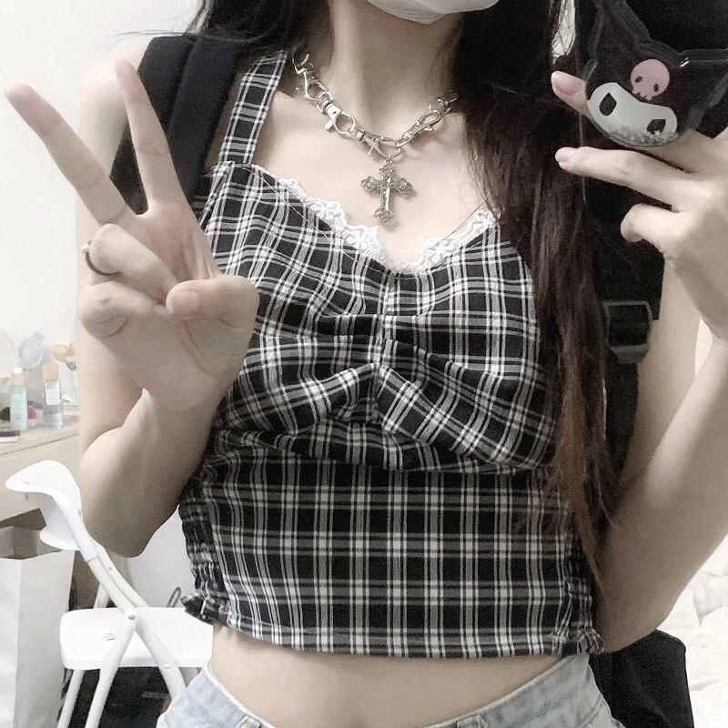 サマー格子柄カジュアルクロップドシャツ レースショートトップス 夏物 ステッチ ケッペル94248913390