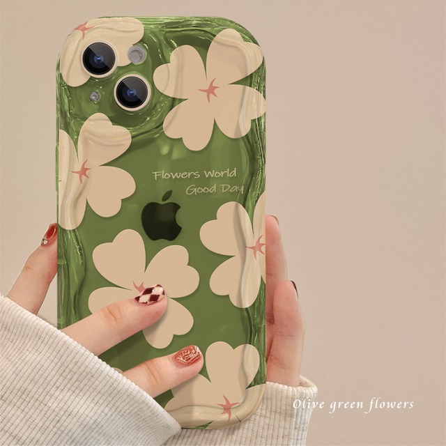 【iPhone全機種対応】緑に映える◎かわいい フラワー 透明ケース ウェーブフレーム カメラ保護フレーム グリーン クリアケース 韓国っぽ 花柄 スマホケース ND-15281