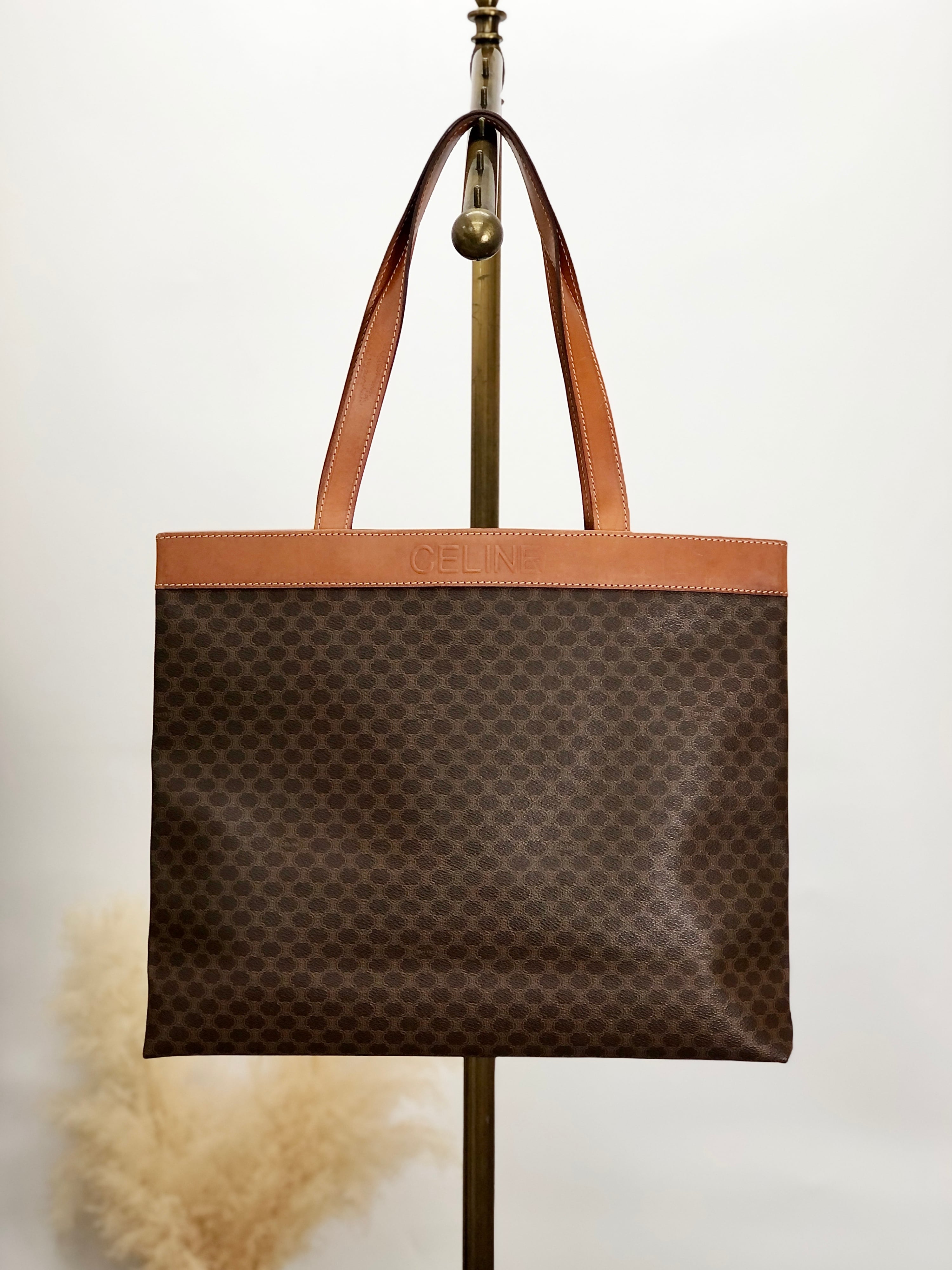 CELINE セリーヌ マカダム ハンドバッグ ブラウン ロゴ型押し PVC