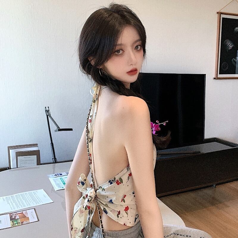 ギャザーホルターサマートップス 夏物 フラワーデザイン YY-ファッション47312424017