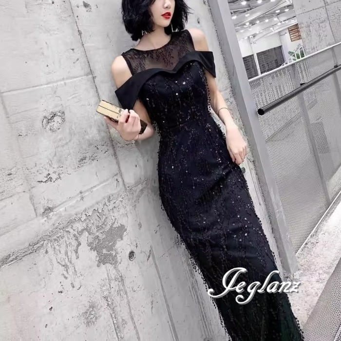 3色 パーティ イブニングドレス オープンショルダー 光沢感 肌見せ(M8609)ζ